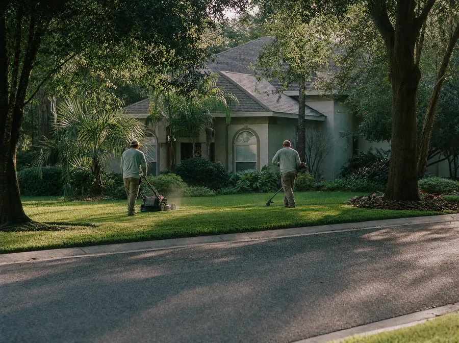 Two crew members mowing and edging a residential lawn in morning light.